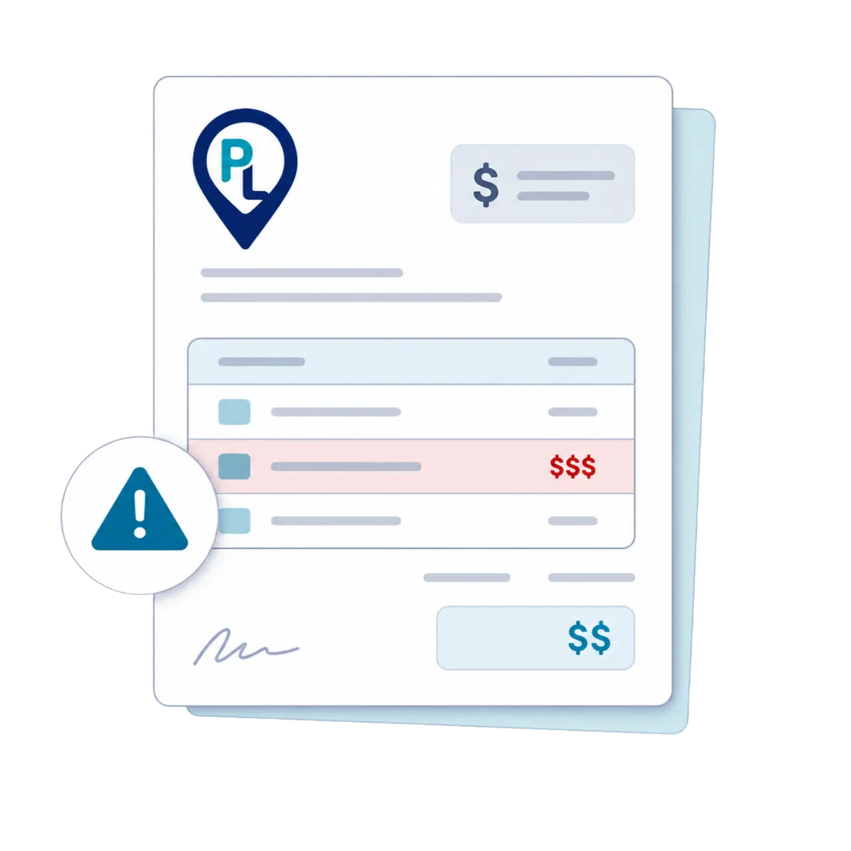 Warning symbol on a suspicious invoice claiming to be from PLOCAL