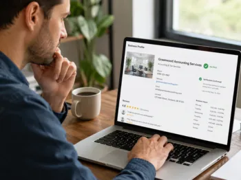Person reviewing verified business profile information and customer reviews online