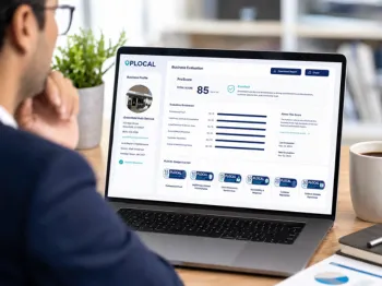 Business professional reviewing a PLOCAL business evaluation, ProScore, and earned badges online