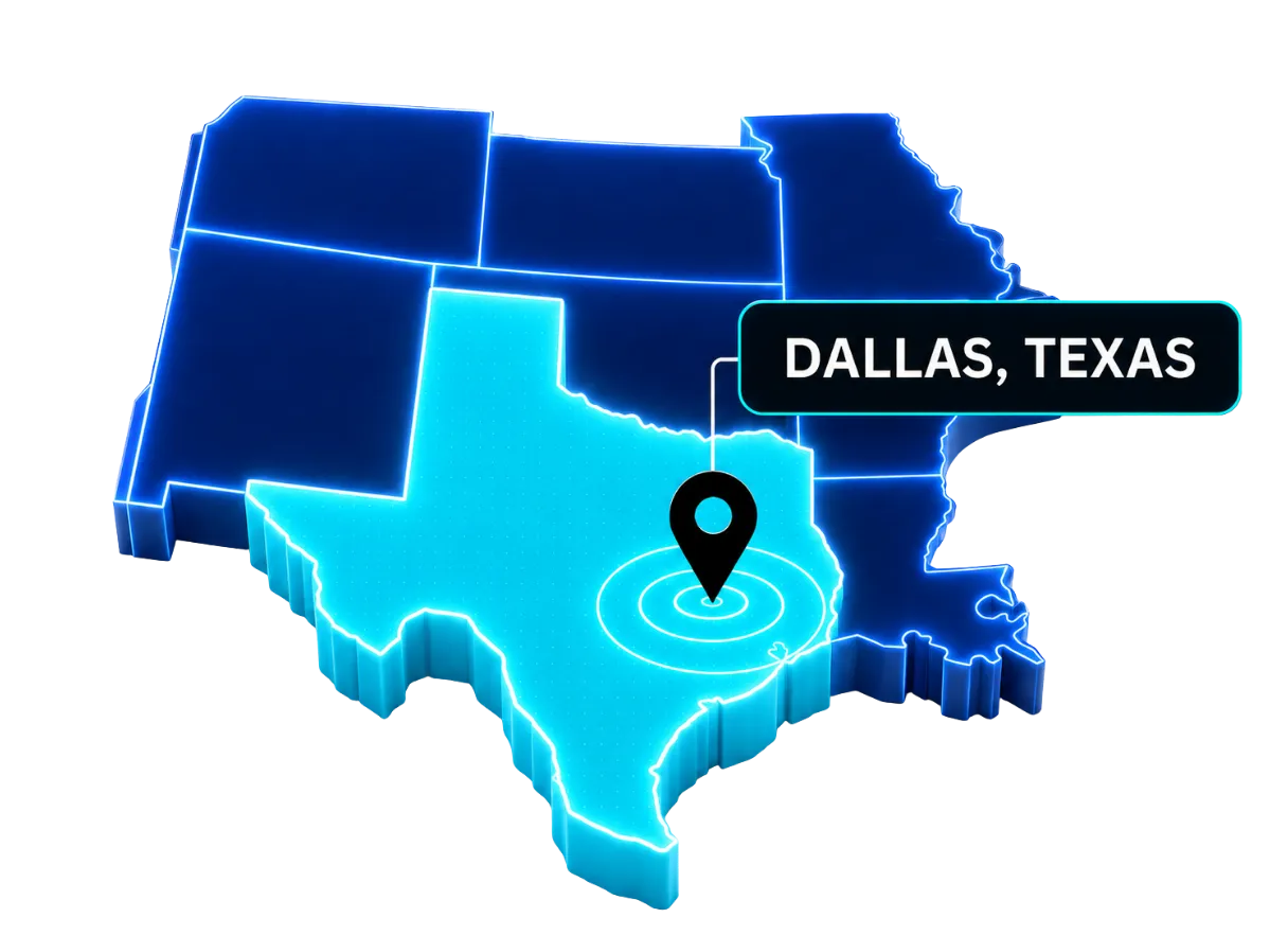 3D map of Texas highlighted in cyan with Dallas marked by a location pin